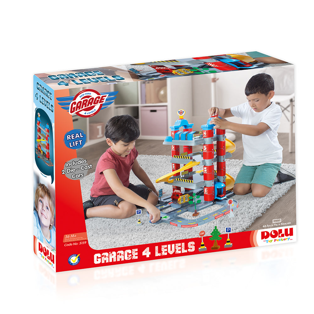 Dolu– Garage de jeu interactif avec ascenseur et voitures en métal