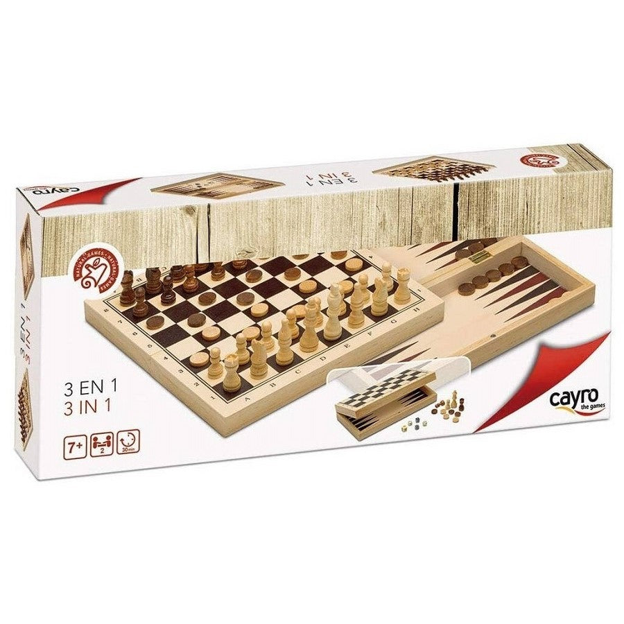 Jeu 3 en 1 – Échecs, Dames &amp; Backgammon en Bois-CAYRO